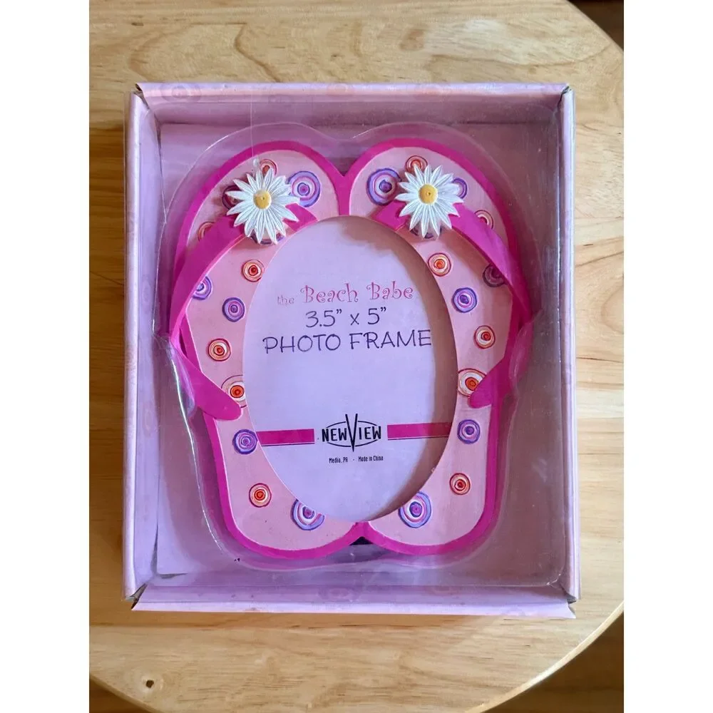 Vintage 2005 New View Pink Flip Flop Photo Frame 3.5x5 Beach Babe Daisy Y2K
